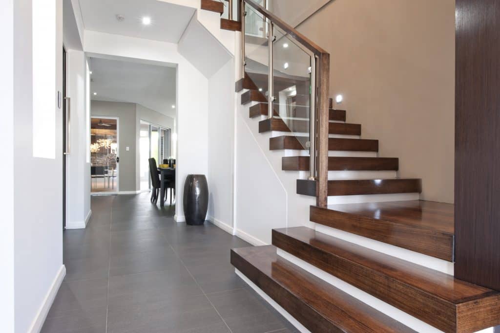 Impression Contemporary Closed Rise Staircase, Glass Balustrade with Timber Handrail